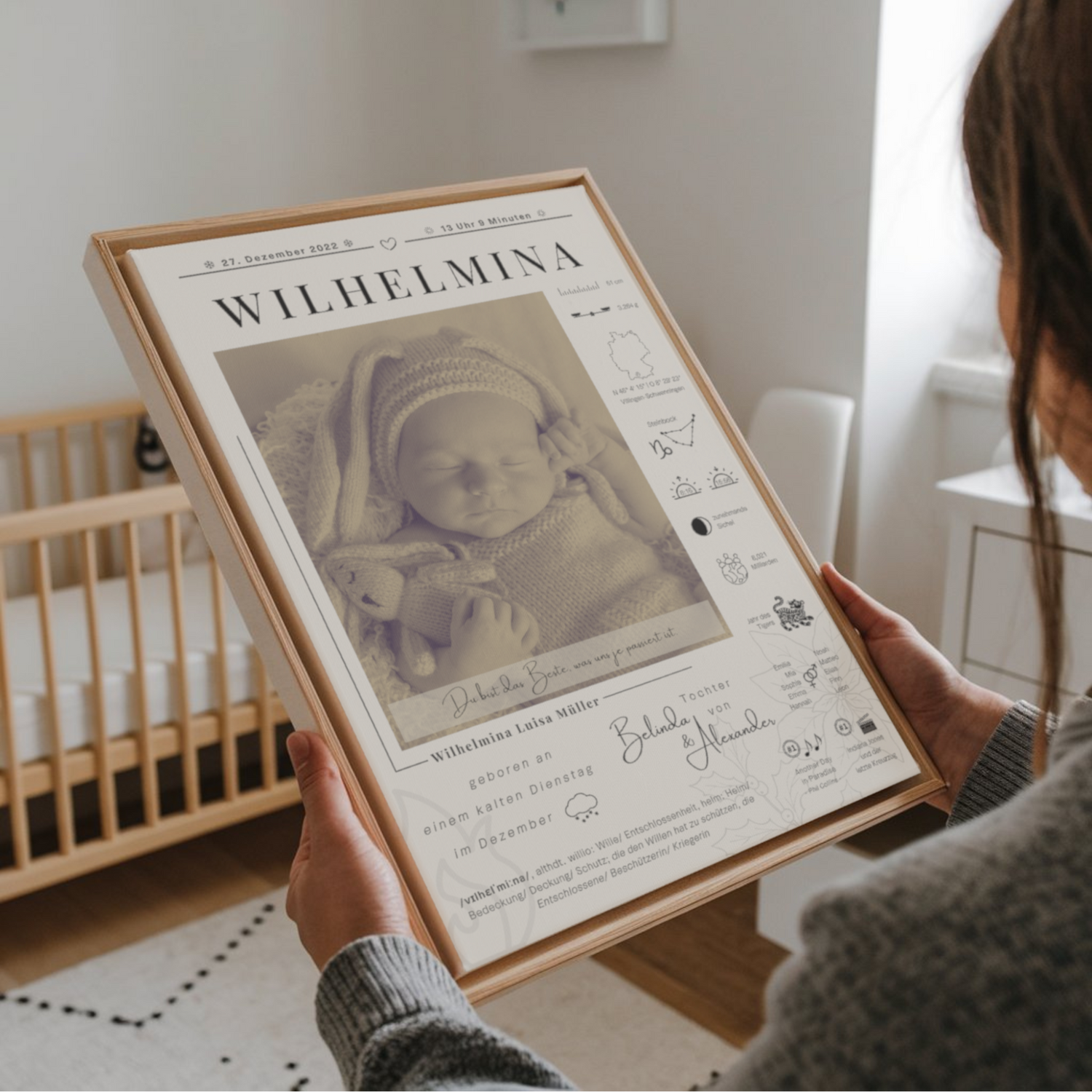 Über-die-Schuler-Blick einer Frau, die in einem Kinderzimmer eine gerahmte Leinwand von Worldofwallart hält